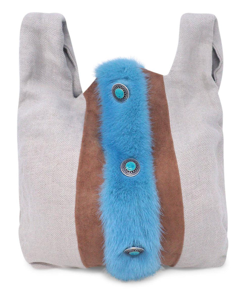 Simonetta Ravizza Beige Canvas & Blue Fur Tote - Michael's Consignment NYC
